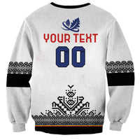 White crewneck rugby sweatshirt with black ribbed cuffs and back Your Text 00 graphic