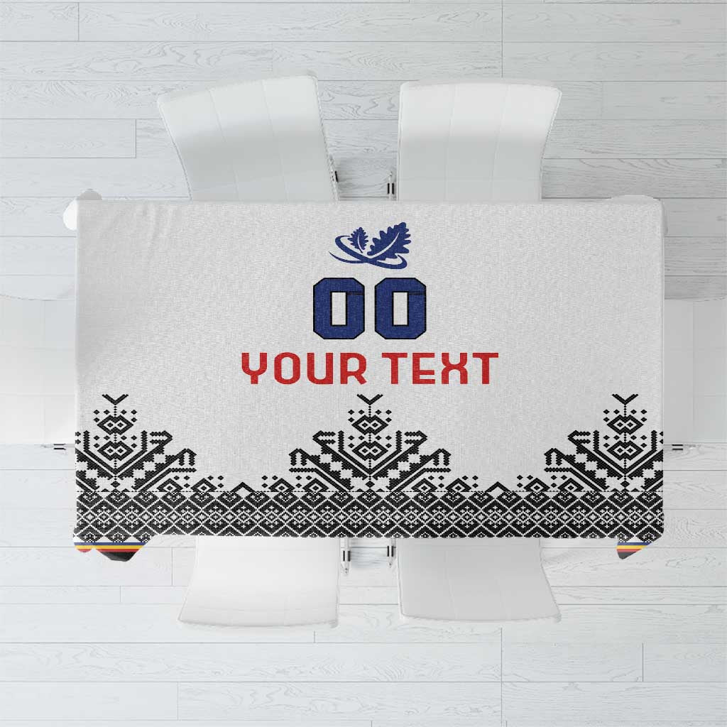 Custom rugby tablecloth, white with blue crest, “00 YOUR TEXT”, and black patterned border