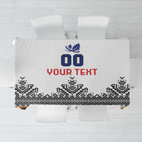 Custom rugby tablecloth, white with blue crest, “00 YOUR TEXT”, and black patterned border