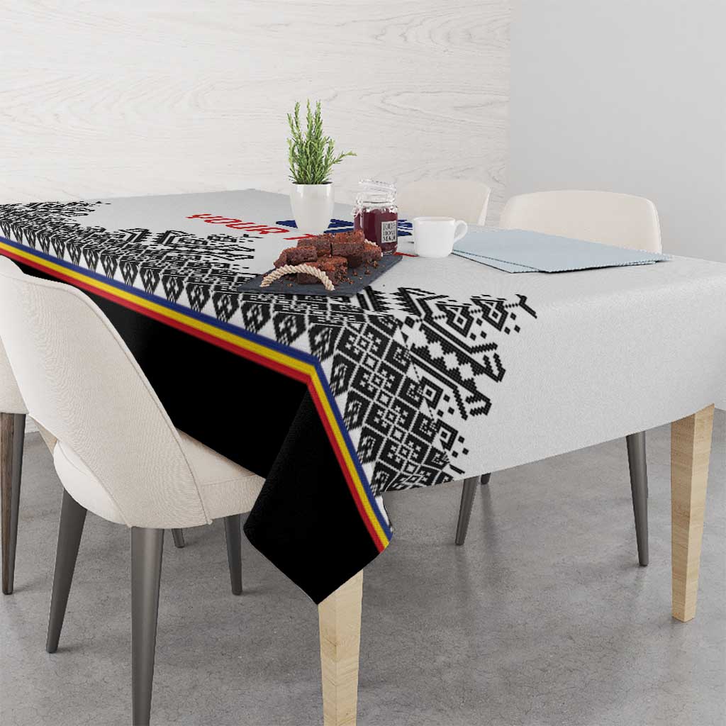 Custom rugby tablecloth on dining table, white-and-black pattern with red yellow green stripe