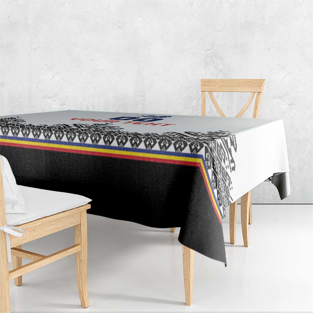 Custom rugby tablecloth edge view, white and black patterned design with striped trim