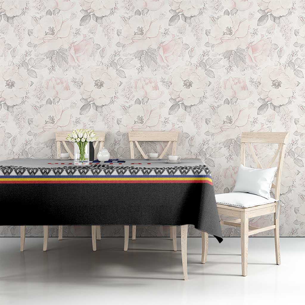 Custom rugby tablecloth on long table, white top with black band and geometric border