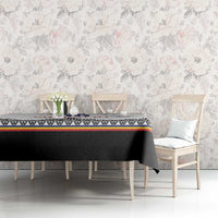 Custom rugby tablecloth on long table, white top with black band and geometric border