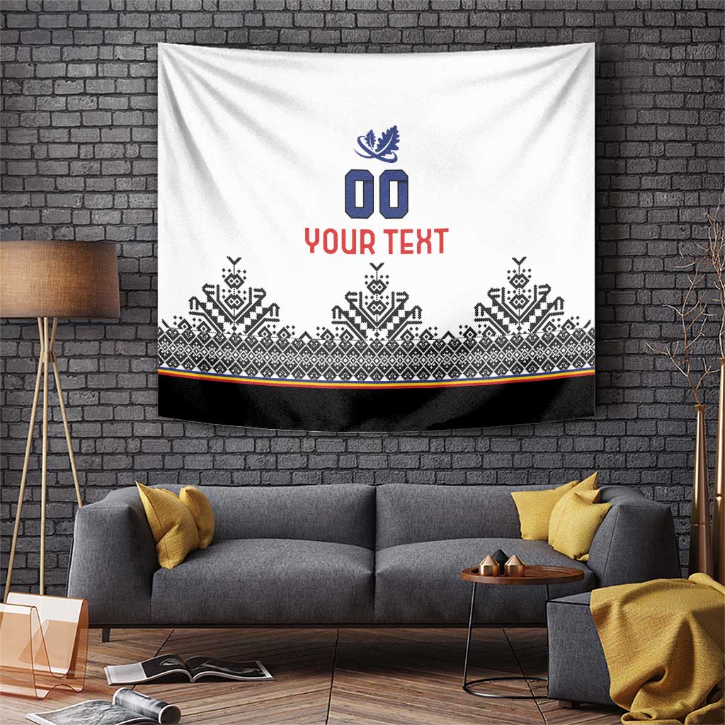 White custom Romania rugby-style tapestry with blue crest, red text, and Nordic border.