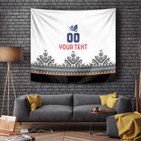 White custom Romania rugby-style tapestry with blue crest, red text, and Nordic border.