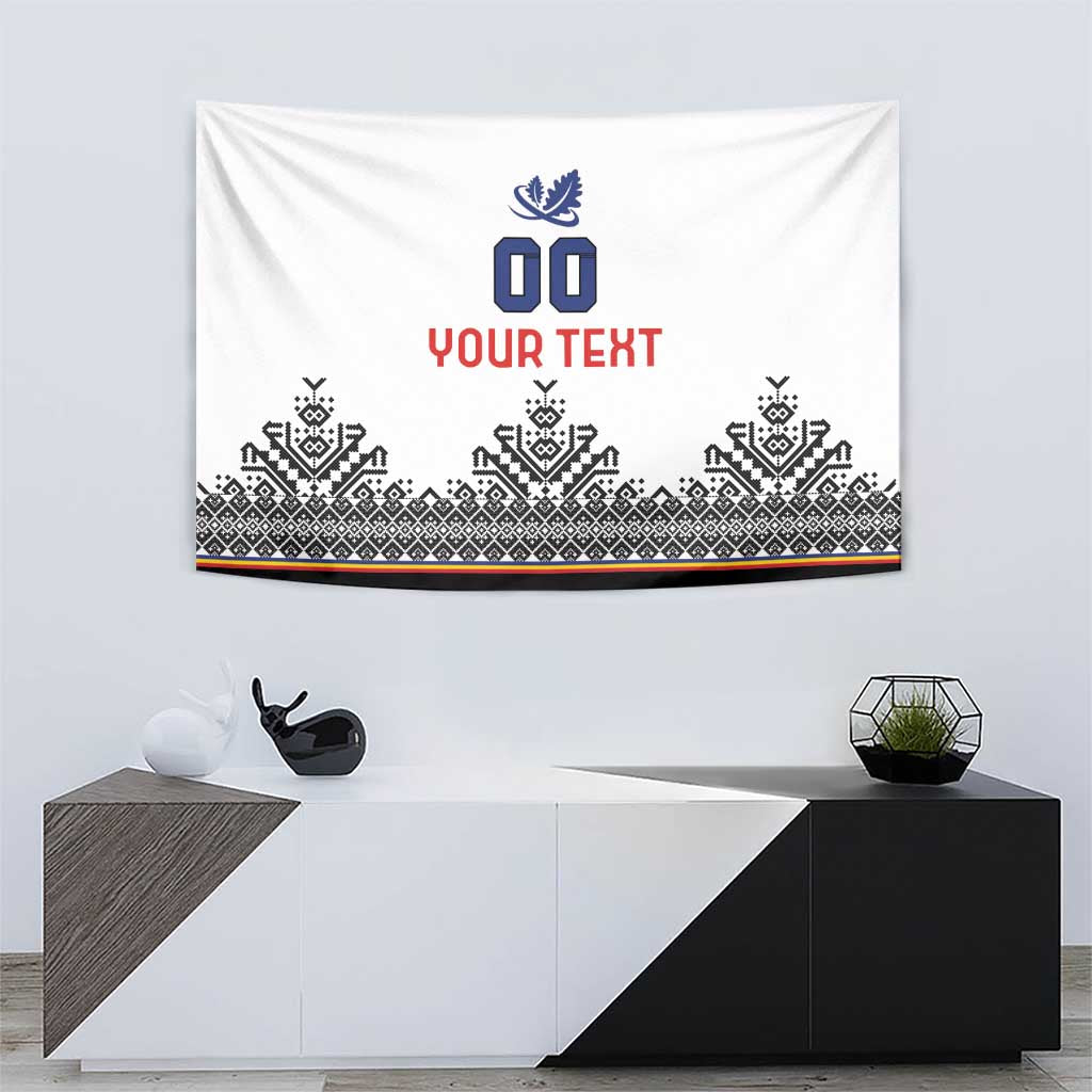 White Romania rugby tapestry with blue “00”, red “YOUR TEXT”, and decorative Nordic band.