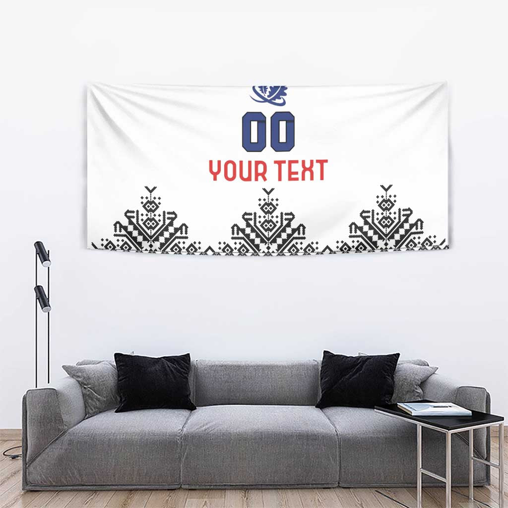 White custom tapestry featuring blue crest and “YOUR TEXT” in red with Nordic patterned stripe.