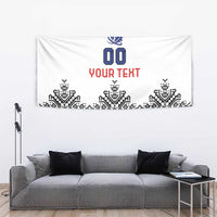 White custom tapestry featuring blue crest and “YOUR TEXT” in red with Nordic patterned stripe.
