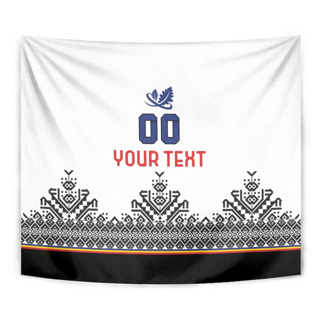 White rugby-style tapestry with blue crest, red “YOUR TEXT”, and black patterned lower edge.