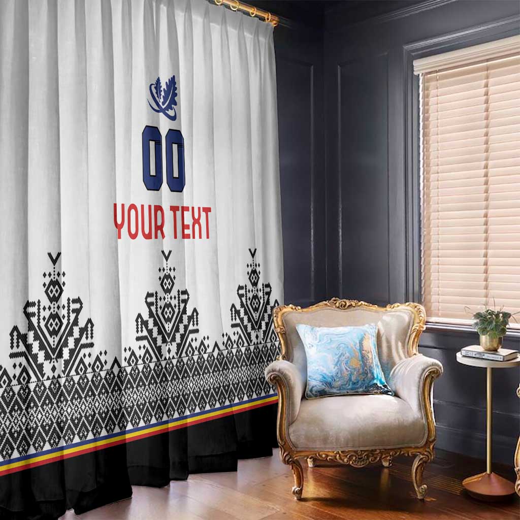 White window curtain panels with blue rugby crest, custom text, and black patterned hem.
