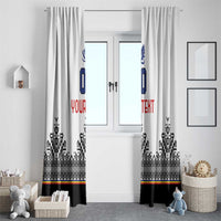 White window curtain panels with blue crest, custom text, and black diamond border.