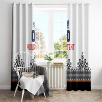 White window curtain panels with blue crest, custom text, and black patterned lower stripe.