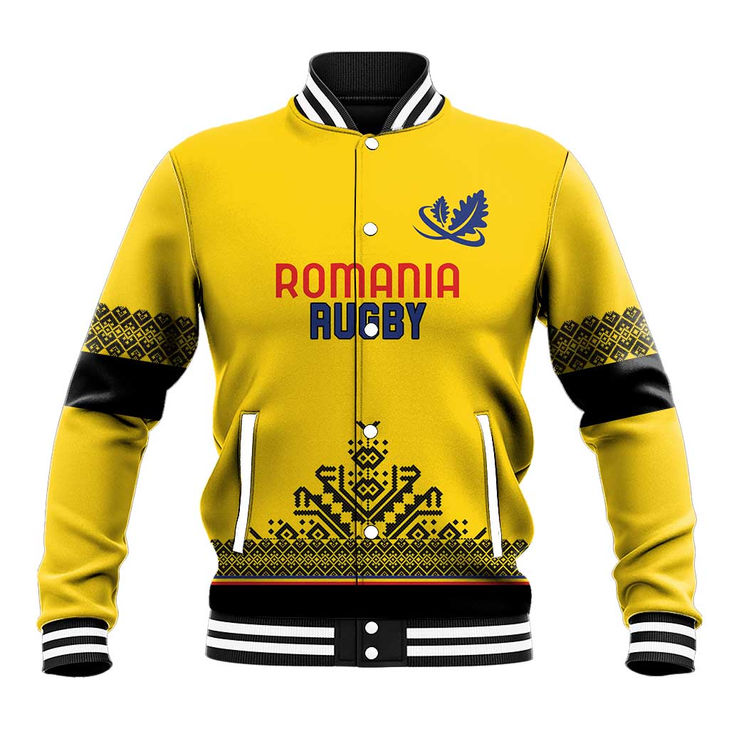 Yellow varsity baseball jacket with black sleeves, button front, striped ribbed collar, crest text