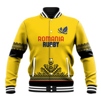 Yellow varsity baseball jacket with black sleeves, button front, striped ribbed collar, crest text