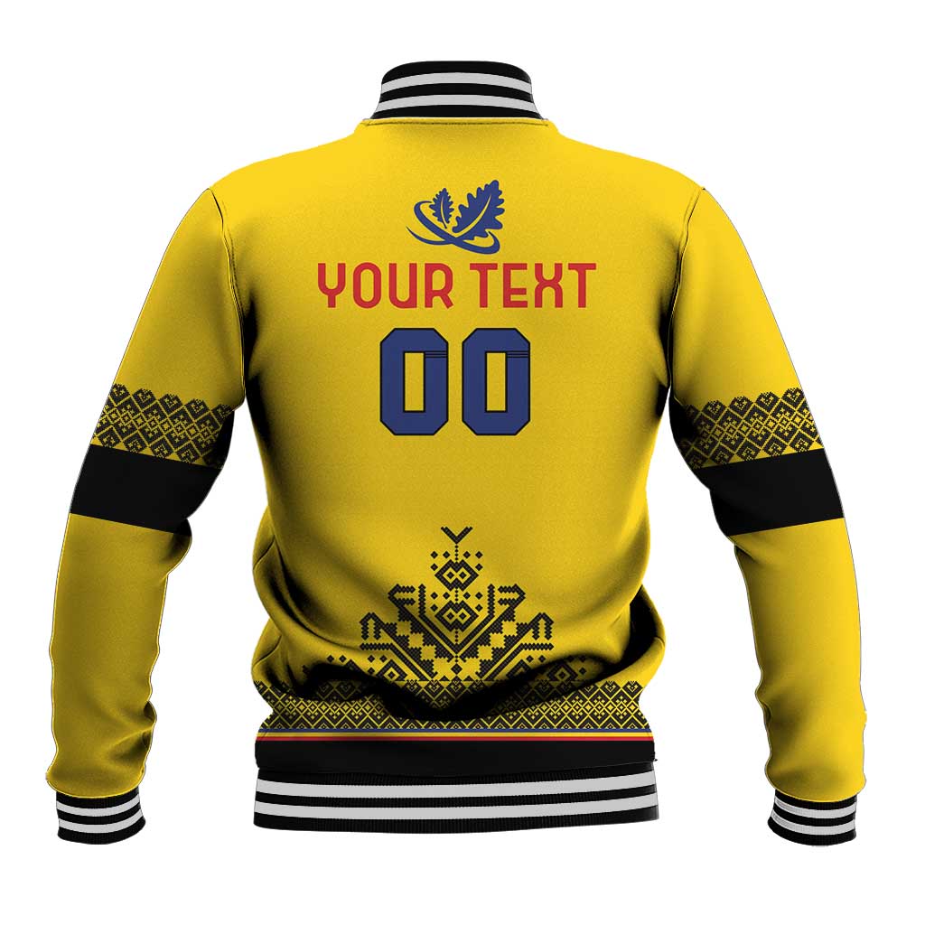 Yellow back view varsity jacket with black ribbed trim, crest, 'YOUR TEXT' and number 00