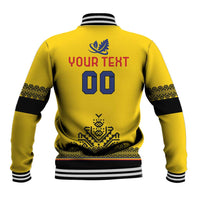 Yellow back view varsity jacket with black ribbed trim, crest, 'YOUR TEXT' and number 00