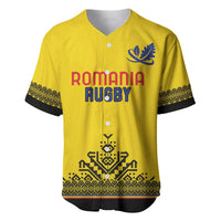 Yellow rugby baseball jersey with V-neck, black trim, bird crest, Romania Rugby front print