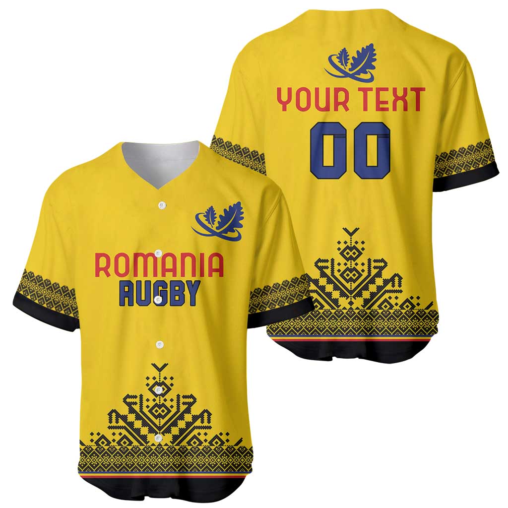 Yellow rugby baseball jersey front and back: Romania Rugby, YOUR TEXT 00, black pattern trim
