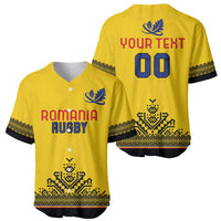 Yellow rugby baseball jersey front and back: Romania Rugby, YOUR TEXT 00, black pattern trim