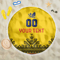 Yellow round beach blanket with white fringe, 'YOUR TEXT' and blue 00 emblem
