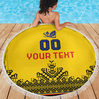 Yellow circular beach blanket with white fringe, 'YOUR TEXT' and black geometric motif