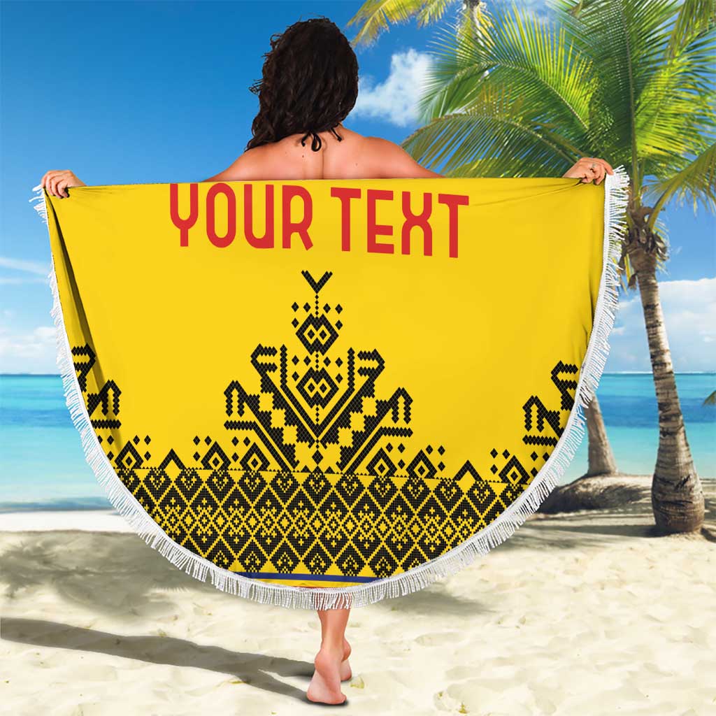 Yellow circular beach blanket with white fringe, 'YOUR TEXT' and black geometric pattern