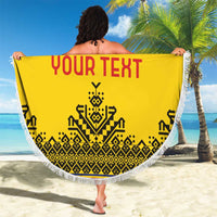 Yellow circular beach blanket with white fringe, 'YOUR TEXT' and black geometric pattern