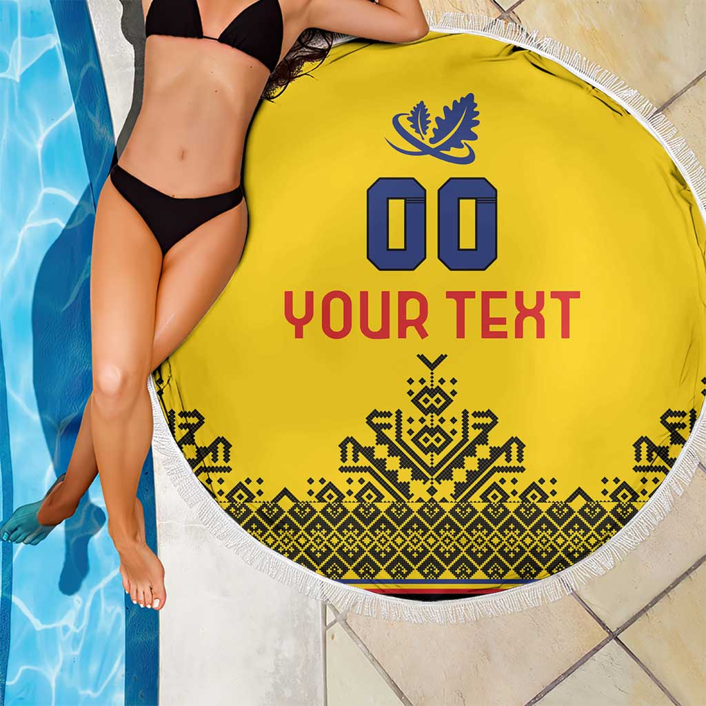 Yellow circular beach blanket with white fringe, 'YOUR TEXT' and blue leaf/00 emblem