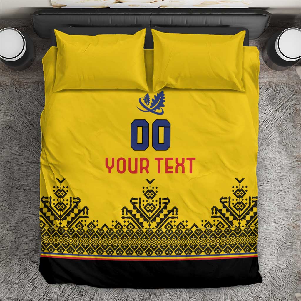 Yellow rugby bedding set laid flat: 00 emblem above YOUR TEXT with patterned hem