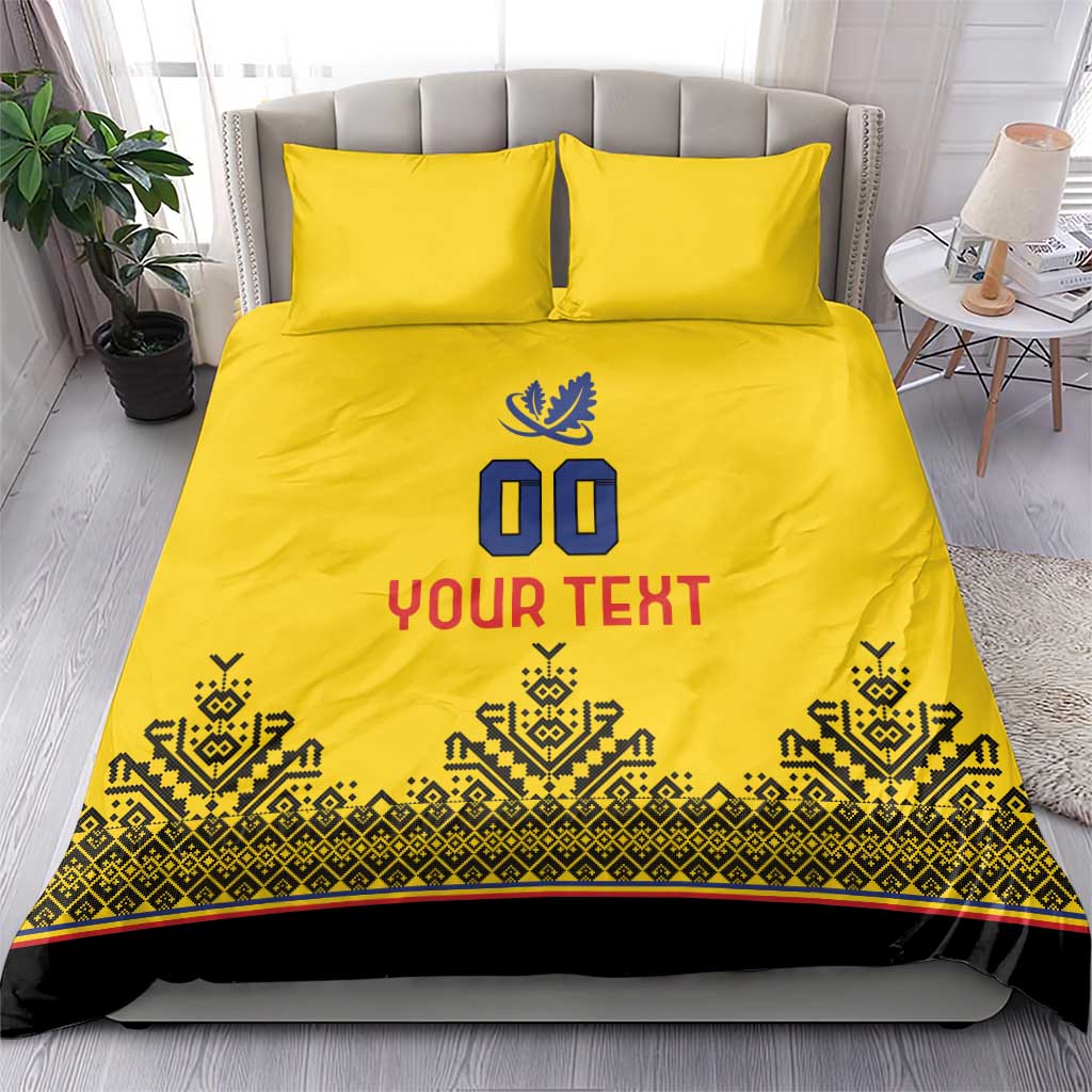 Yellow duvet bedding set with blue 00 logo, YOUR TEXT text, and decorative band