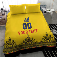 Yellow rugby bedding set with 00 emblem, YOUR TEXT print, and patterned border