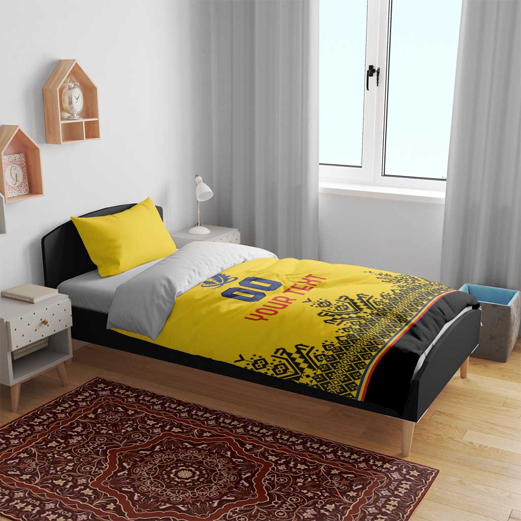 Yellow rugby bedding set on bed: 00 emblem and YOUR TEXT with patterned bottom edge