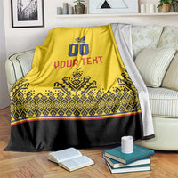 Yellow rugby blanket with blue crest and '00' reading 'YOUR TEXT', black bottom and red trim.