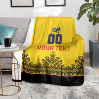 Yellow rugby blanket featuring blue crest, '00', and 'YOUR TEXT' with black lower section.