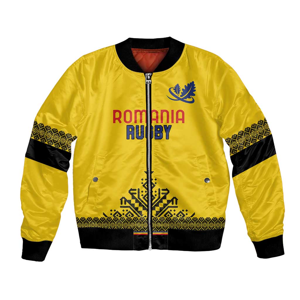 Yellow rugby bomber jacket with front zipper and ROMANIA RUGBY graphic, black trims