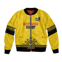 Yellow rugby bomber jacket with front zipper and ROMANIA RUGBY graphic, black trims