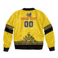 Yellow rugby bomber jacket with back YOUR TEXT 00 and blue crest, black ribbed hem