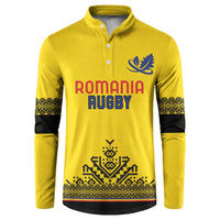 Yellow rugby button sweatshirt with blue crest, ROMANIA RUGBY print, and patterned cuffs