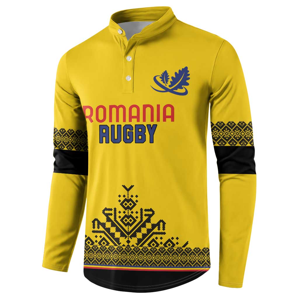 Yellow rugby button sweatshirt with blue crest, ROMANIA RUGBY front print, and black trim