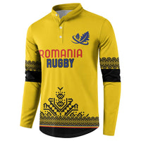 Yellow rugby button sweatshirt with blue crest, ROMANIA RUGBY front print, and black trim