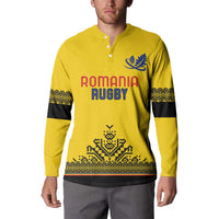 Yellow rugby button sweatshirt with ROMANIA RUGBY chest logo, black-and-yellow sleeve bands