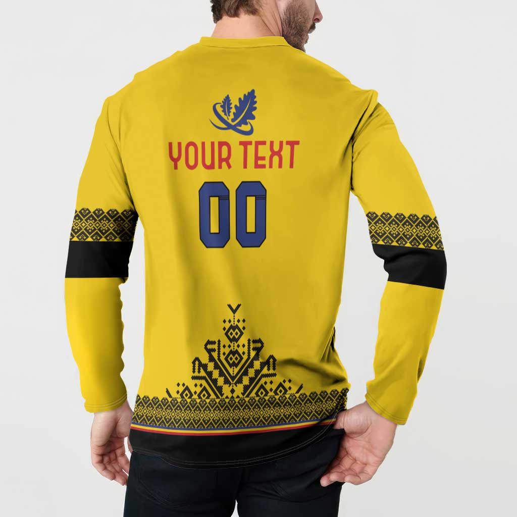 Back view of yellow rugby button sweatshirt with YOUR TEXT 00 and patterned banded sleeves