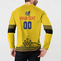Back view of yellow rugby button sweatshirt with YOUR TEXT 00 and patterned banded sleeves