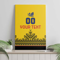 Yellow canvas wall art with rugby crest, number 00, custom text, geometric pattern bottom