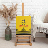 Yellow canvas wall art on wooden easel, rugby crest and number 00 with custom text