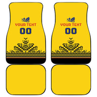Four yellow car floor mats with custom 'YOUR TEXT 00' and Romanian-style pattern