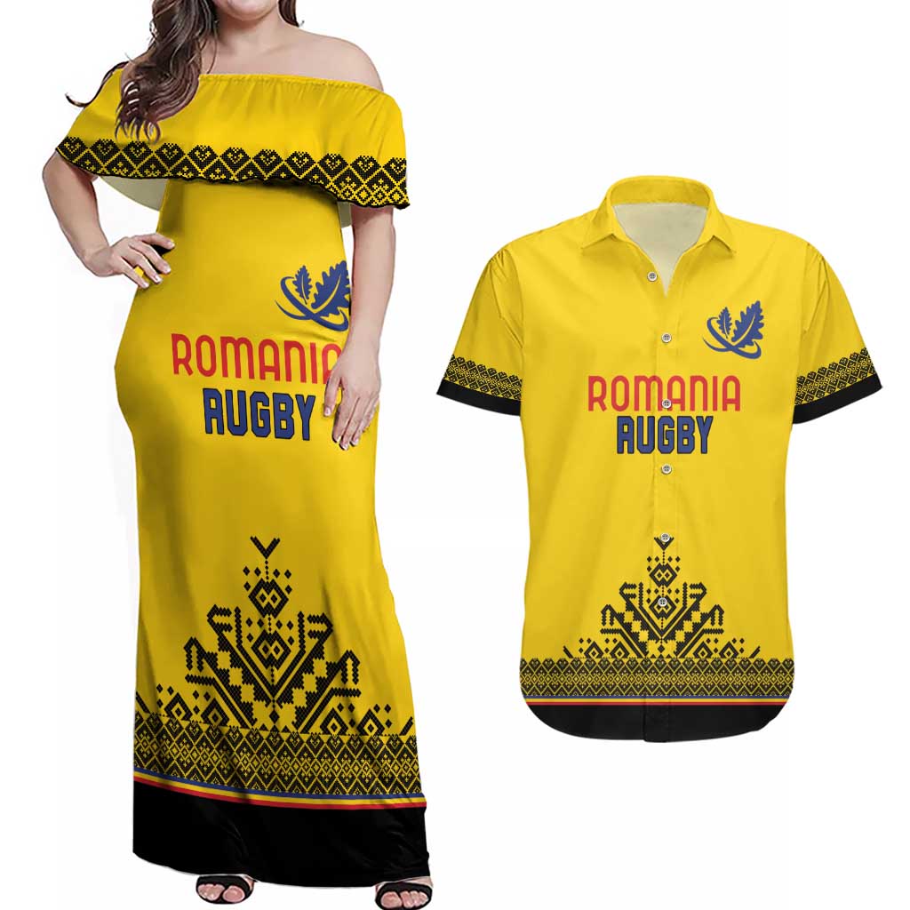 Custom Romania Rugby Couples Matching Off Shoulder Maxi Dress and Hawaiian Shirt Yellow Version Retro Style