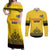 Custom Romania Rugby Couples Matching Off Shoulder Maxi Dress and Long Sleeve Button Shirt Yellow Version Retro Style