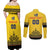 Custom Romania Rugby Couples Matching Off Shoulder Maxi Dress and Long Sleeve Button Shirt Yellow Version Retro Style