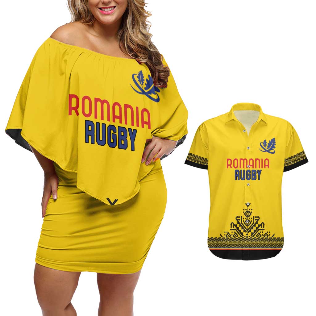 Custom Romania Rugby Couples Matching Off Shoulder Short Dress and Hawaiian Shirt Yellow Version Retro Style